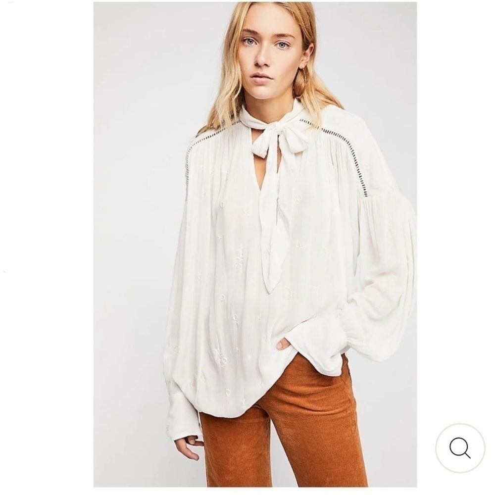 Free People Ivory Tie-Neck Peasant Blouse